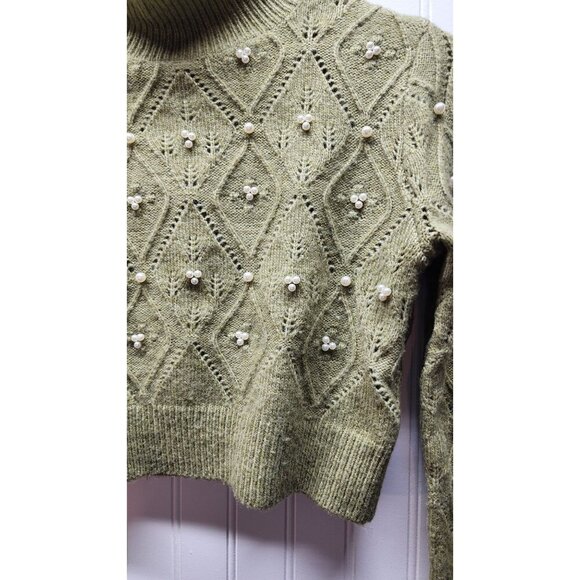 Zara Beaded Olive Green Cropped Turtleneck Sweater With Diamond Knit Design & Pe - Picture 8 of 10